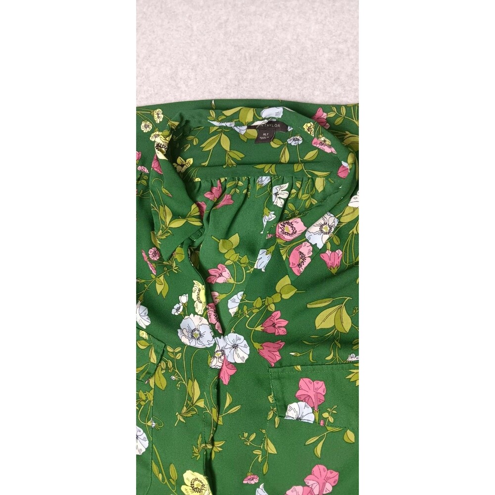 Ann Taylor Long Sleeve Blouse XLT Green Floral Bloomcore Garden Party Elegant - Picture 3 of 11